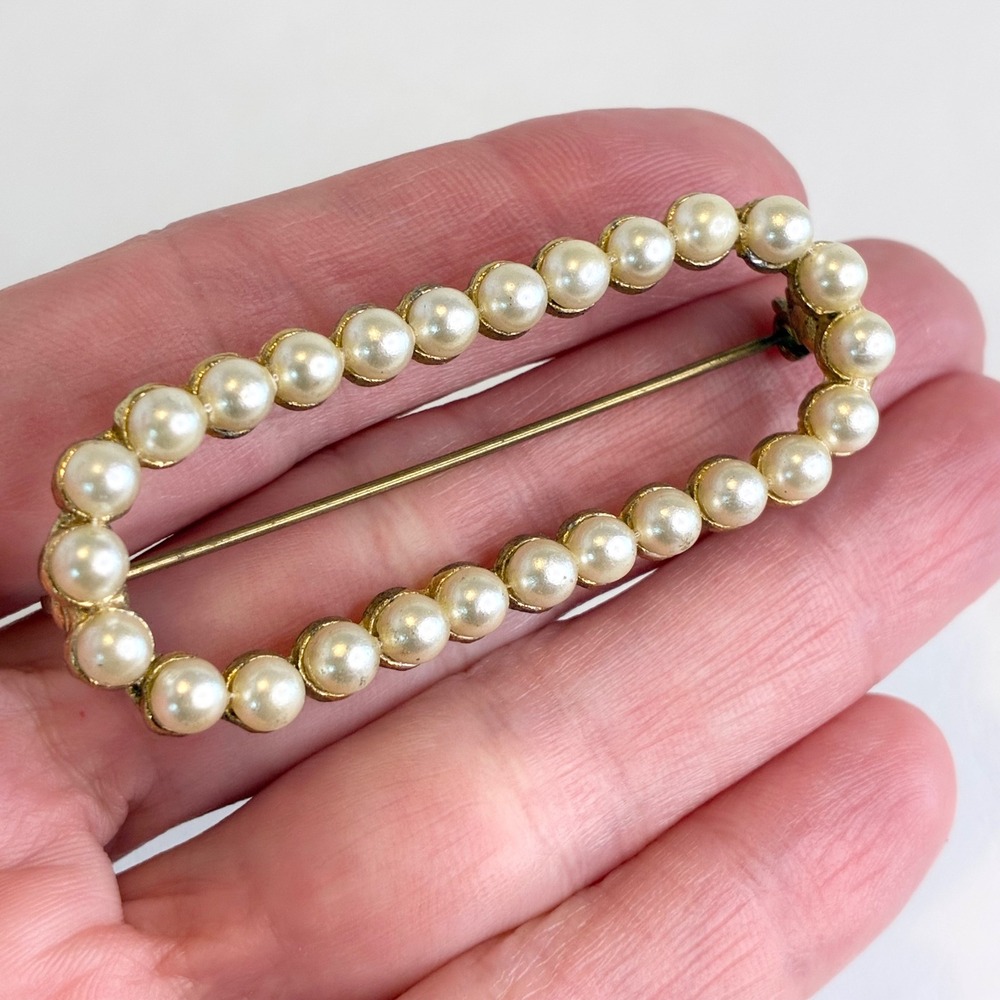 Vintage Faux Pearl Brooch Pin Set Gold Silver Tone Oval Rectangle 2pc Estate - Picture 3 of 13